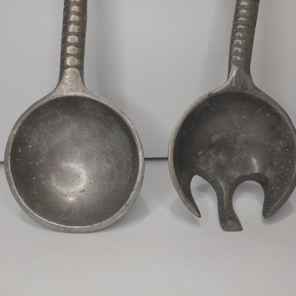 Vintage IHI India Cast Pewter Palm Tree Salad Serving Spoon & Fork Set 13" - Picture 3 of 7